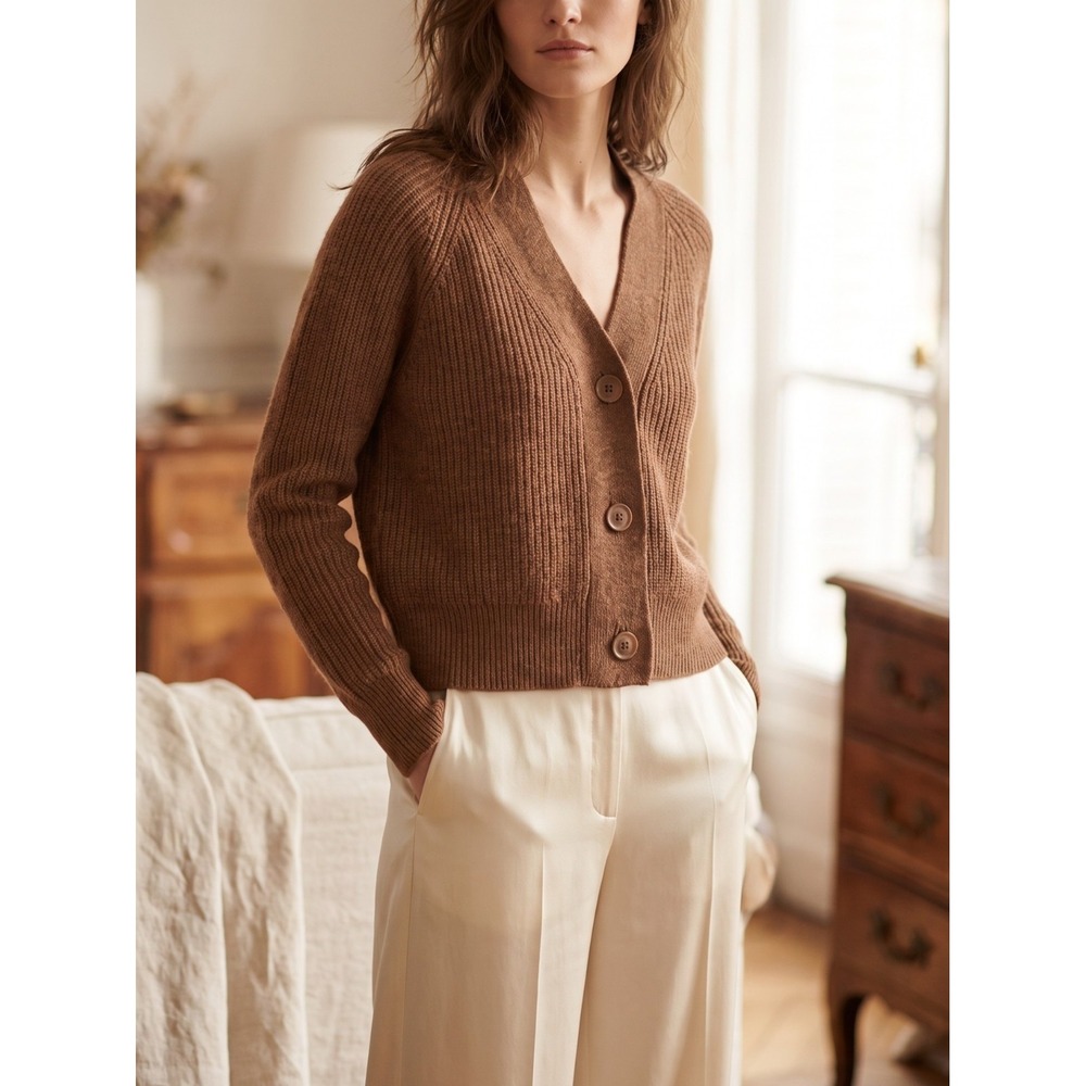 NWT 360 Sweater Averie Wool Alpaca Rib Knit Cropped Cardigan Brandy Brown S $380